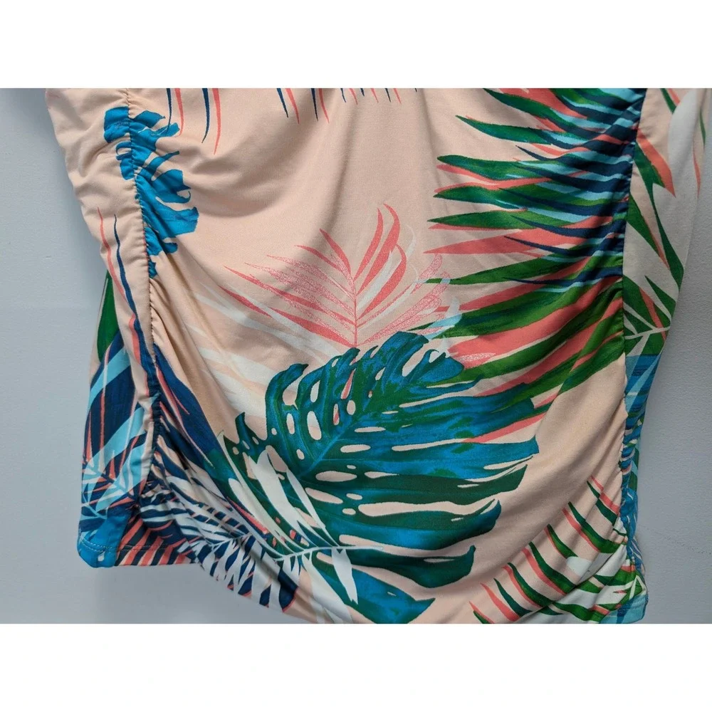 Liz Claiborne Tropical Palm Print Tankini Top Peach Pink Blue Green Size 16